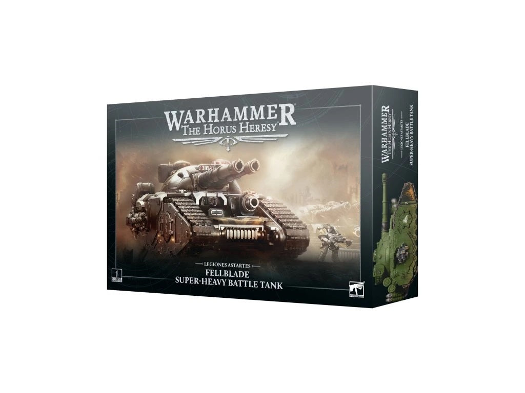 Warhammer Horus Heresy Fellblade Super-Heavy Tank model kit box, featuring the large, dual-barreled tank art