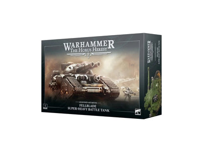 Warhammer Horus Heresy Fellblade Super-Heavy Tank model kit box, featuring the large, dual-barreled tank art