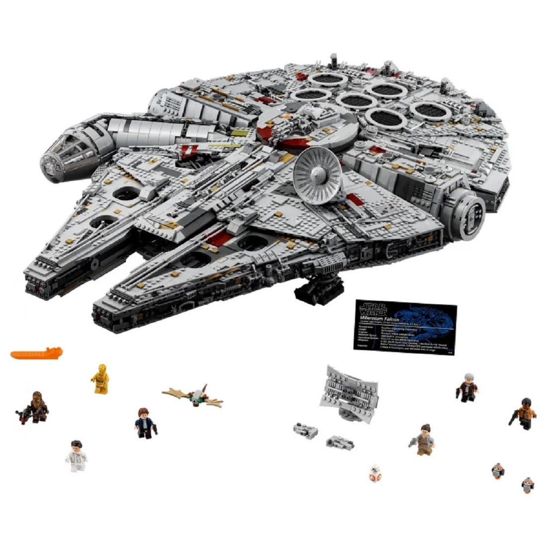 Detailed LEGO model of the Millennium Falcon with accompanying Star Wars minifigures and display plaque