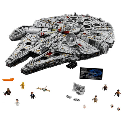 Detailed LEGO model of the Millennium Falcon with accompanying Star Wars minifigures and display plaque
