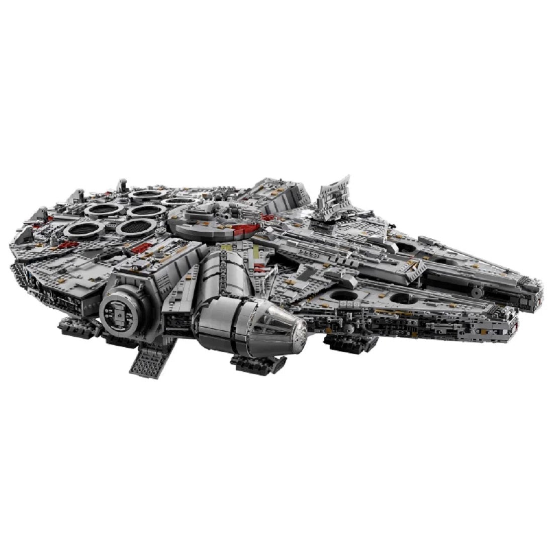 Highly detailed LEGO Millennium Falcon model from Star Wars, a large gray spacecraft replica, isolated on white