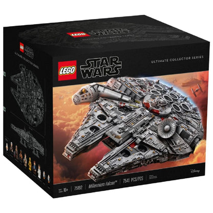 LEGO Star Wars Ultimate Collector Series box featuring the detailed Millennium Falcon spaceship model