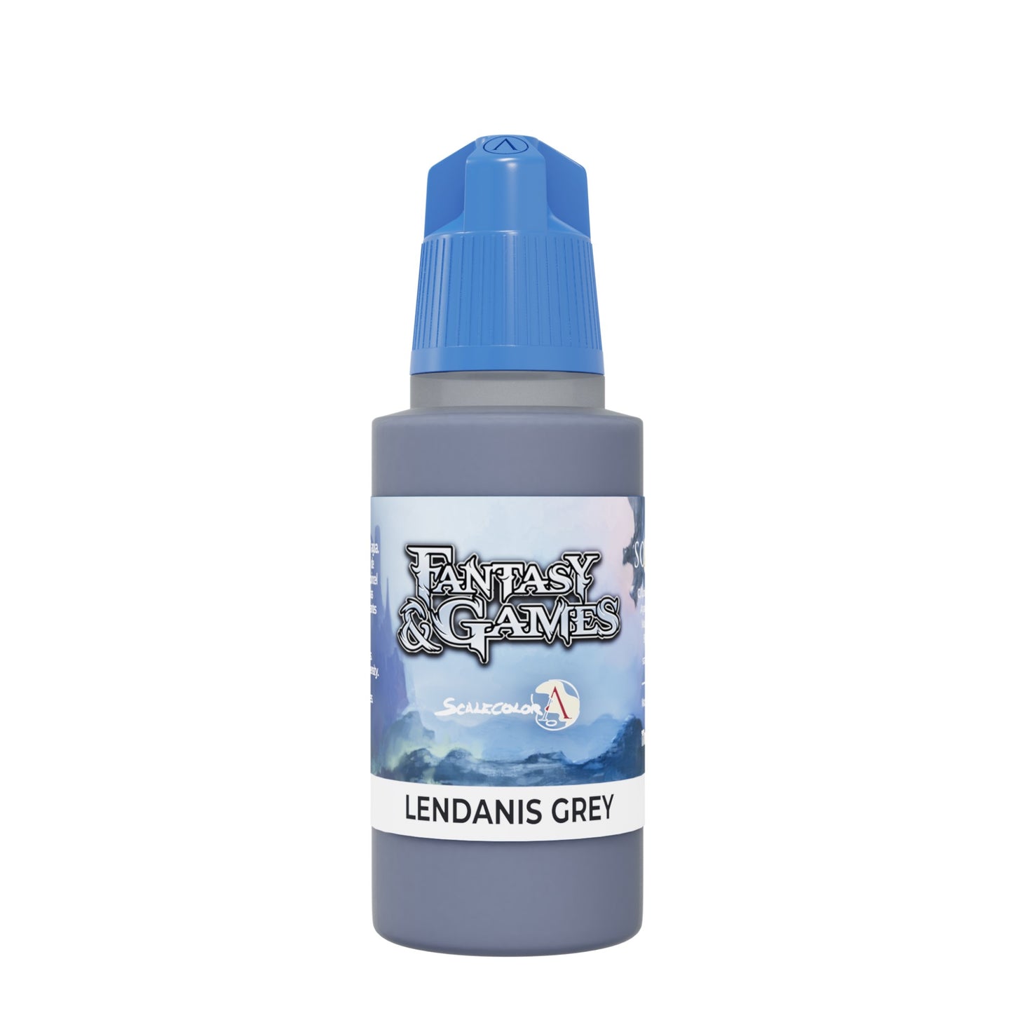 A 17ml Scale 75 Fantasy & Games Lendanis Grey acrylic paint bottle with a blue cap and a label featuring fantasy landscape art