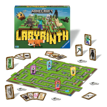 Ravensburger Minecraft Labyrinth board game displayed, featuring the maze board, player pieces and character cards