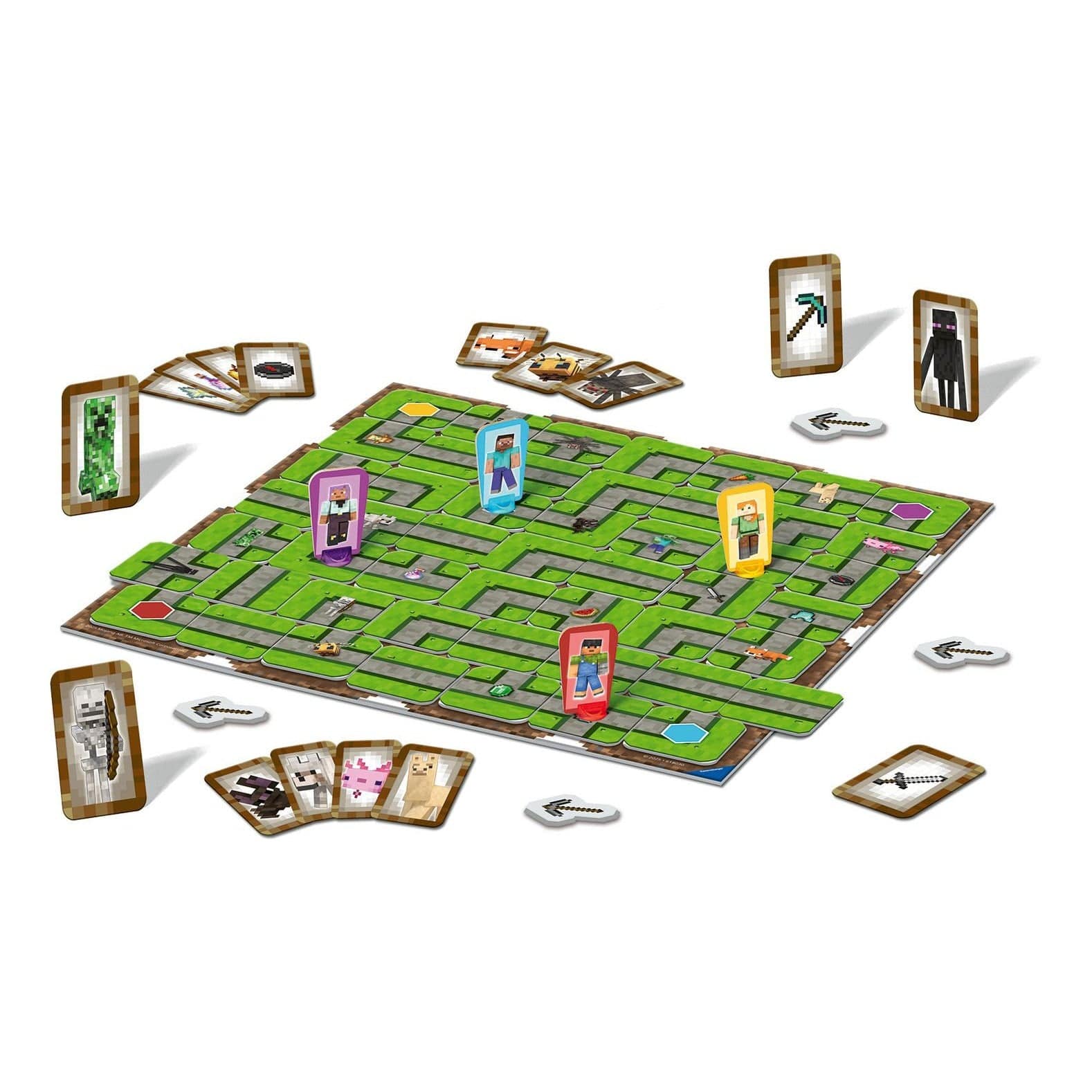 Minecraft Labyrinth board game set up with a green modular maze, character standees and item and mob cards