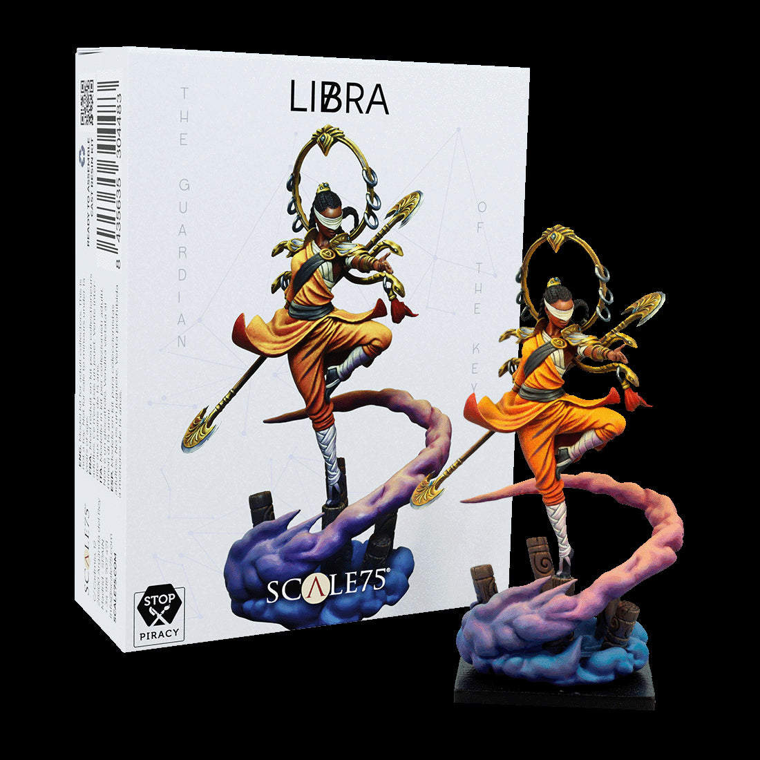 Blindfolded warrior miniature in orange robes, balancing on one leg, holding staffs, with a golden halo, beside its 'LIBRA' product box.