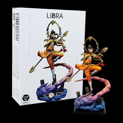 Blindfolded warrior miniature in orange robes, balancing on one leg, holding staffs, with a golden halo, beside its 'LIBRA' product box.