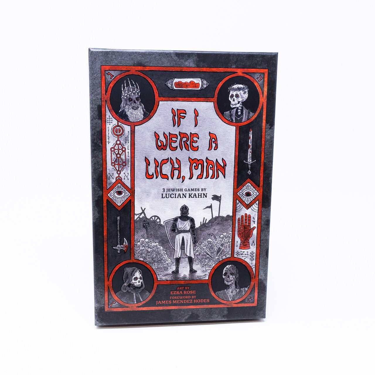 Box for "If I Were a Lich, Man" game. Dark fantasy art shows a knight on skulls, various skeletons, and mystical symbols.