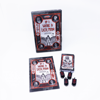 Black and red tabletop game "If I Were A Lich, Man" box, booklet, card deck, and four dreidel-like game pieces.