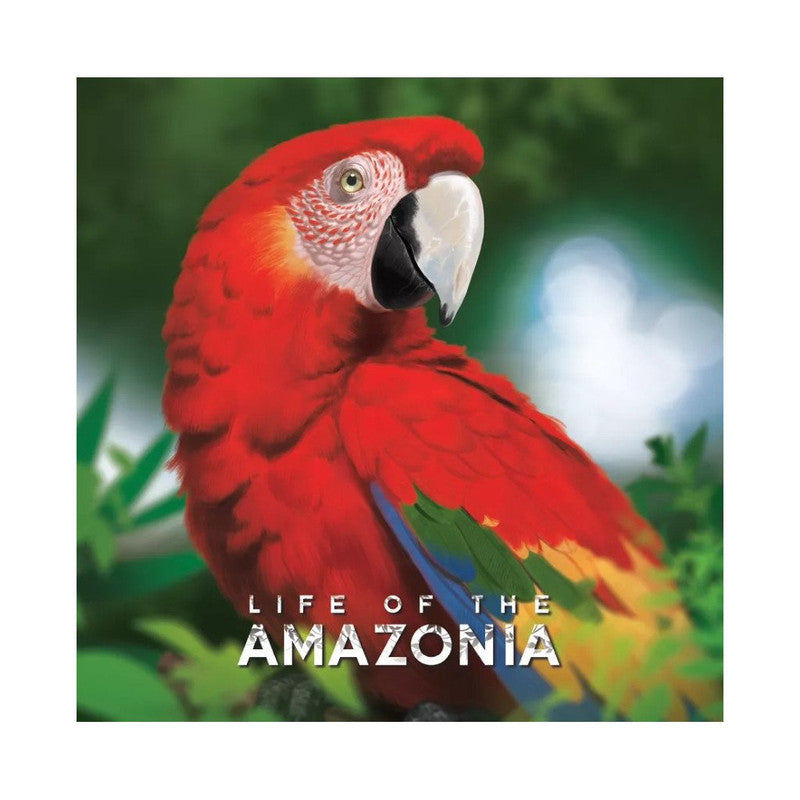 Striking scarlet macaw on a branch with the title LIFE OF THE AMAZONIA