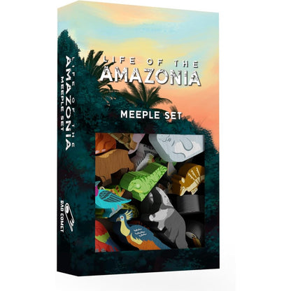 Life of the Amazonia Meeple Set with colorful animal meeples inside box, Bad Comet branding on side