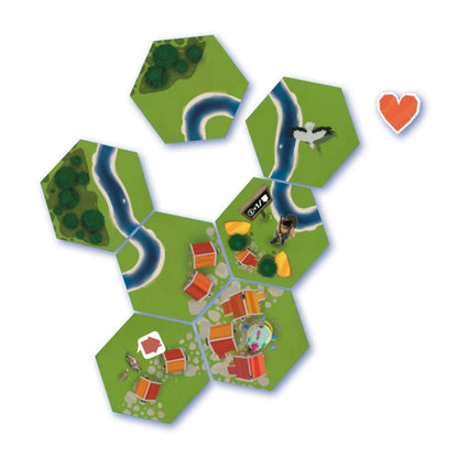 Six hexagonal game tiles forming a small town and river landscape, featuring a flying bird, a hiker, and a heart token