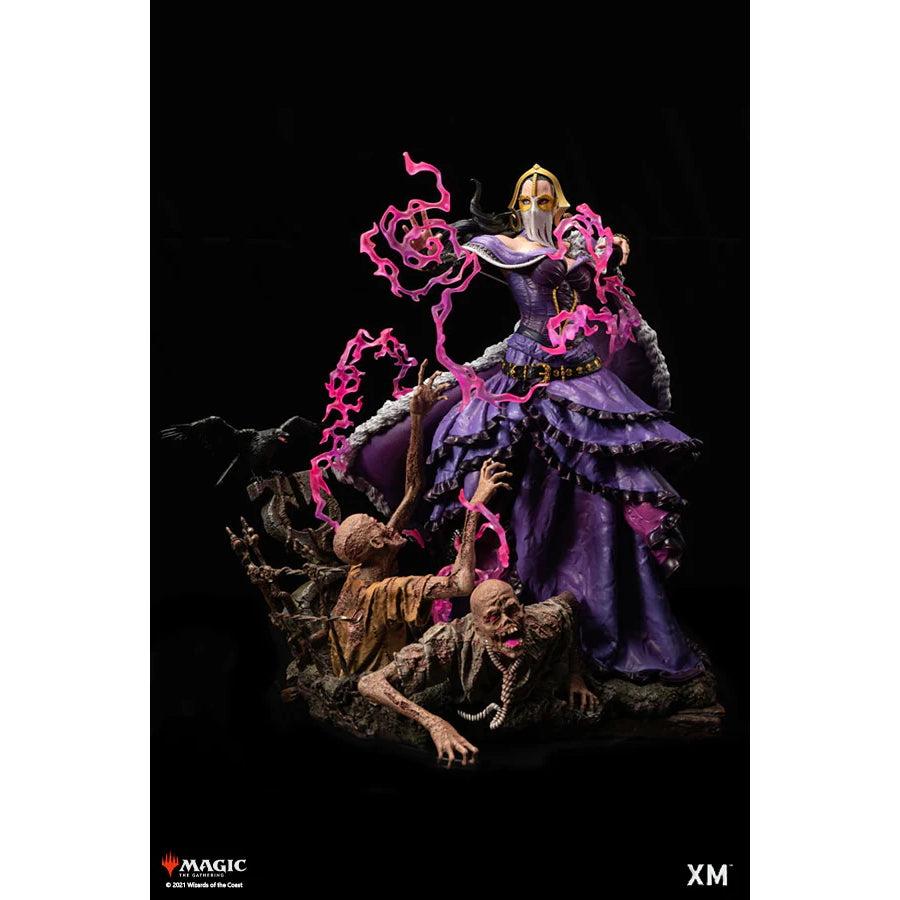 Liliana Vess statue in purple gown summoning zombies with swirling pink magic; crow perched nearby