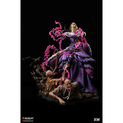 Liliana Vess statue in purple gown summoning zombies with swirling pink magic; crow perched nearby
