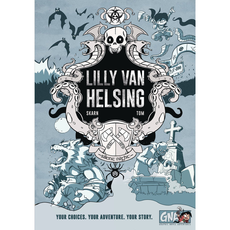 Lilly Van Helsing graphic novel cover: An axe-wielding hero, werewolf, zombie, bats, and a winged skull in a dark fantasy scene