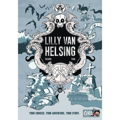 Lilly Van Helsing graphic novel cover: An axe-wielding hero, werewolf, zombie, bats, and a winged skull in a dark fantasy scene