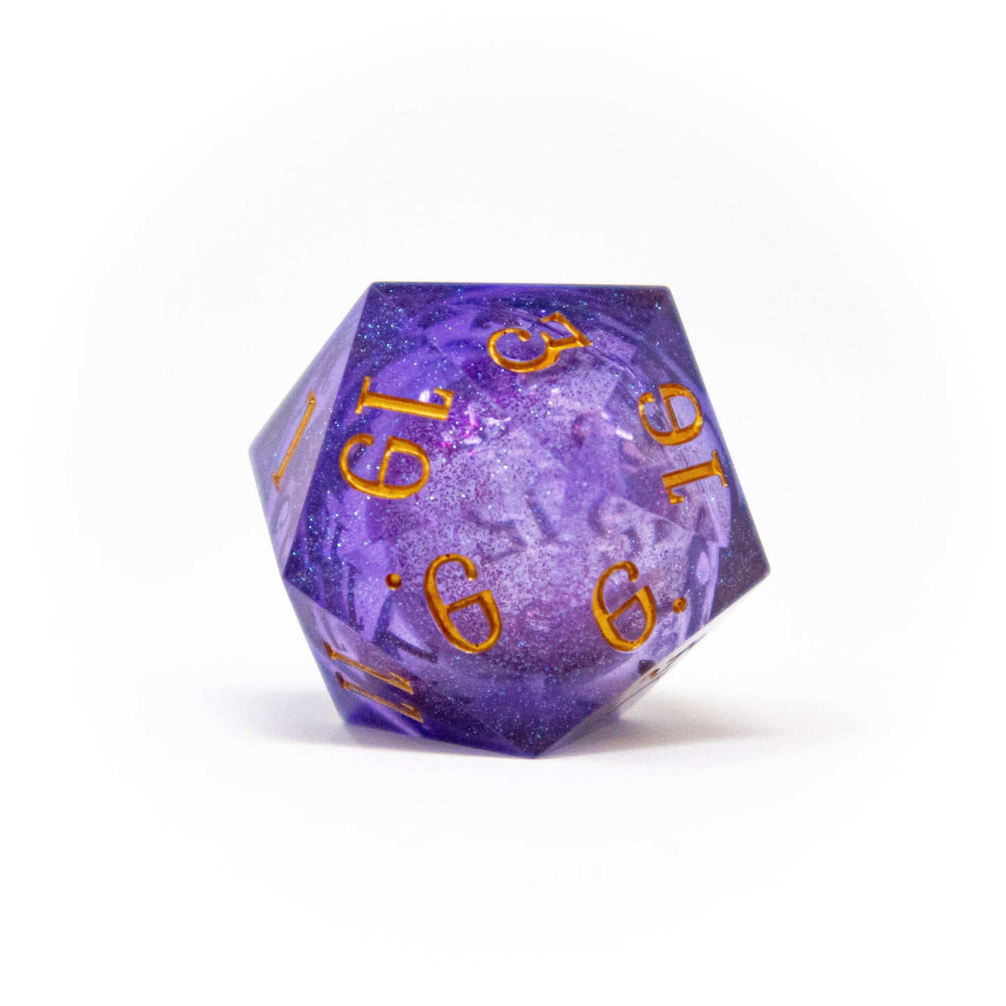A shimmering purple 20-sided die with gold numbers, prominently displaying the number 6