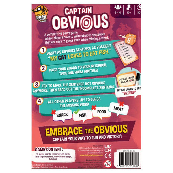 Captain Obvious board game box showing gameplay steps and game content