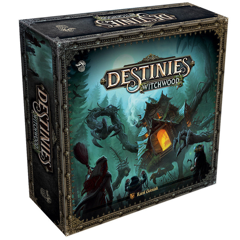 Destinies Witchwood board game box black with ornate border featuring a gnarled house in a dark forest scene