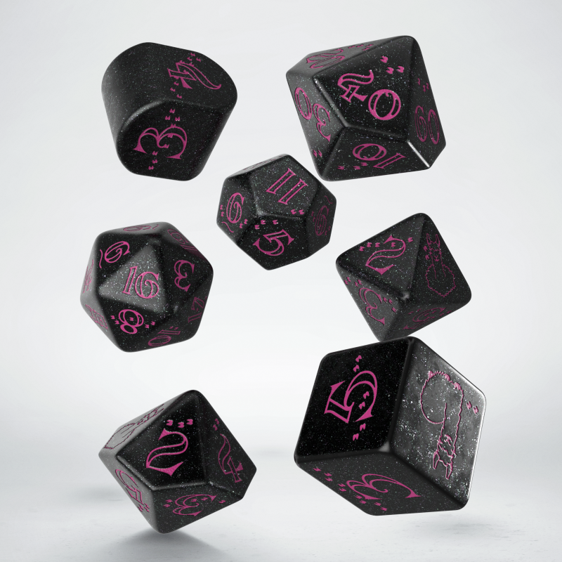 Seven black speckled polyhedral dice with pink numbers and symbols, falling against white.