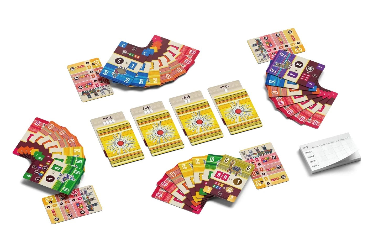 Brightly colored components of a card game, including llama cards, pass cards and a score sheet