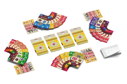 Brightly colored components of a card game, including llama cards, pass cards and a score sheet