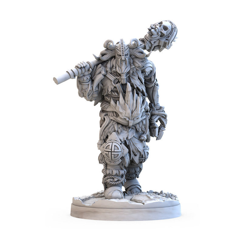 Gray fantasy miniature of a powerful warrior wielding a large skull-topped mace standing on a circular base