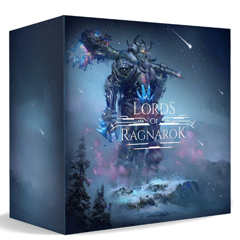 Box for Lords of Ragnarok board game showing a giant warrior with glowing blue armor and axe standing in a snowy landscape with falling meteors