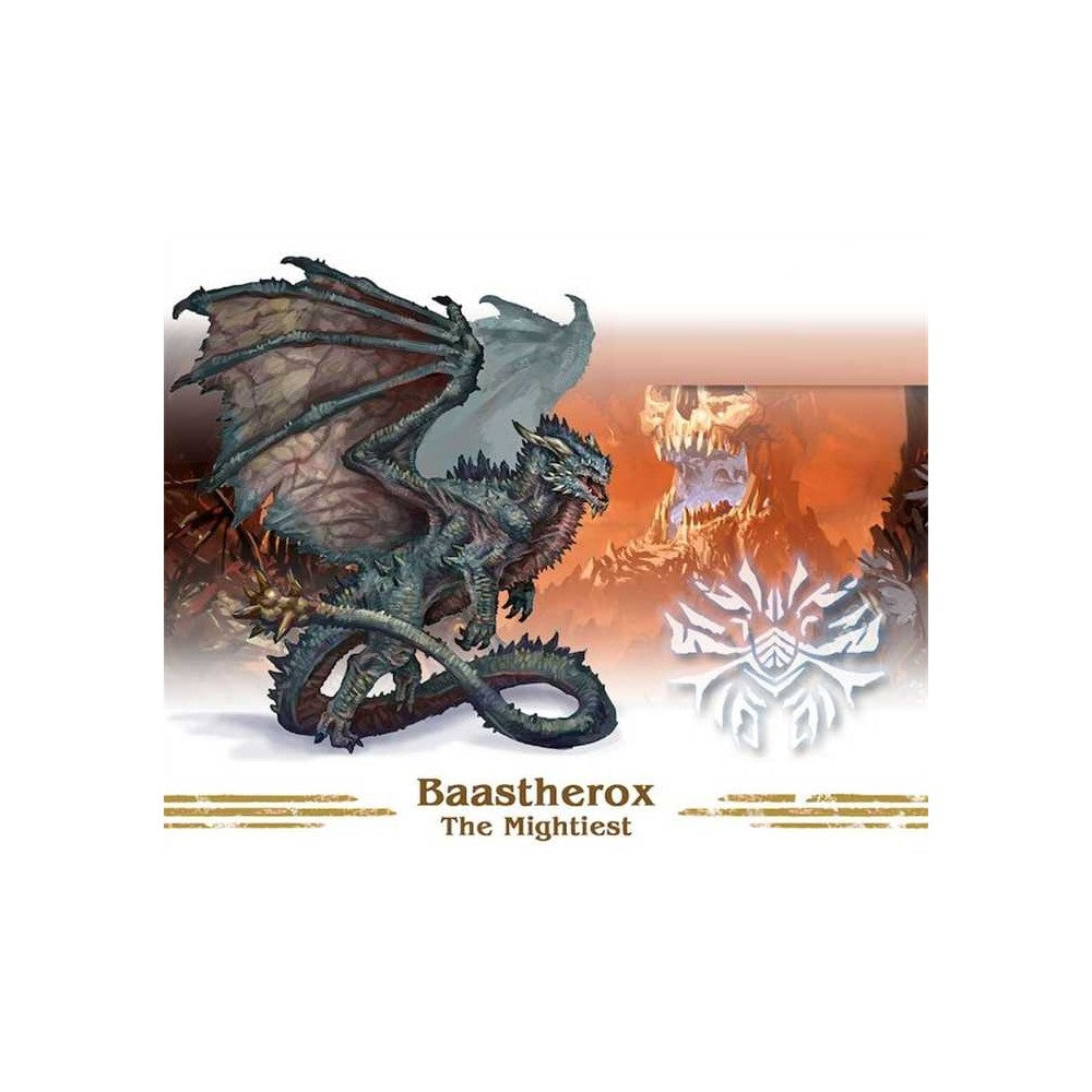 Baastherox, a formidable dark-scaled dragon with outstretched wings, stands before a fiery cave entrance shaped like a skull