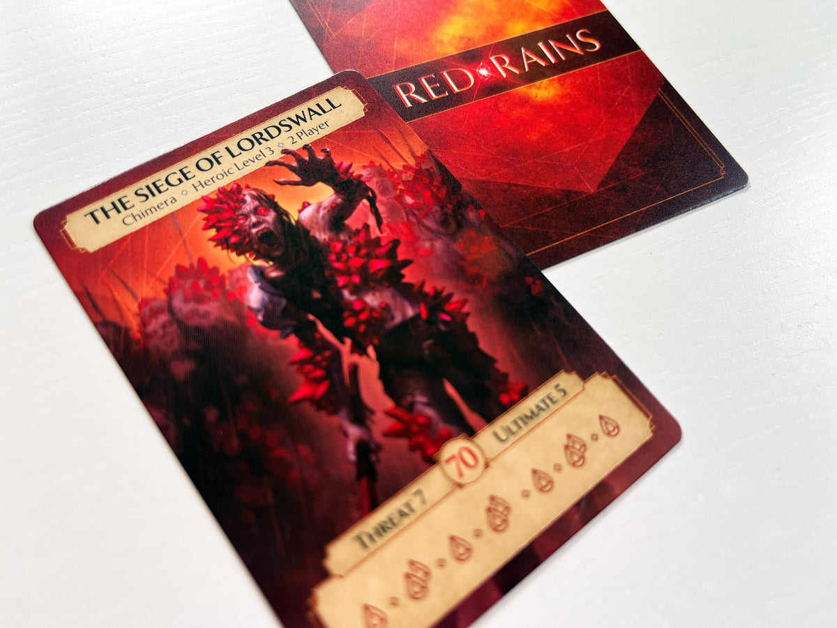 Ashes Reborn Red Rains The Siege of Lordswall game card featuring a monstrous figure with glowing red eyes and spikes showing Threat 70 and Ultimate 5 stats