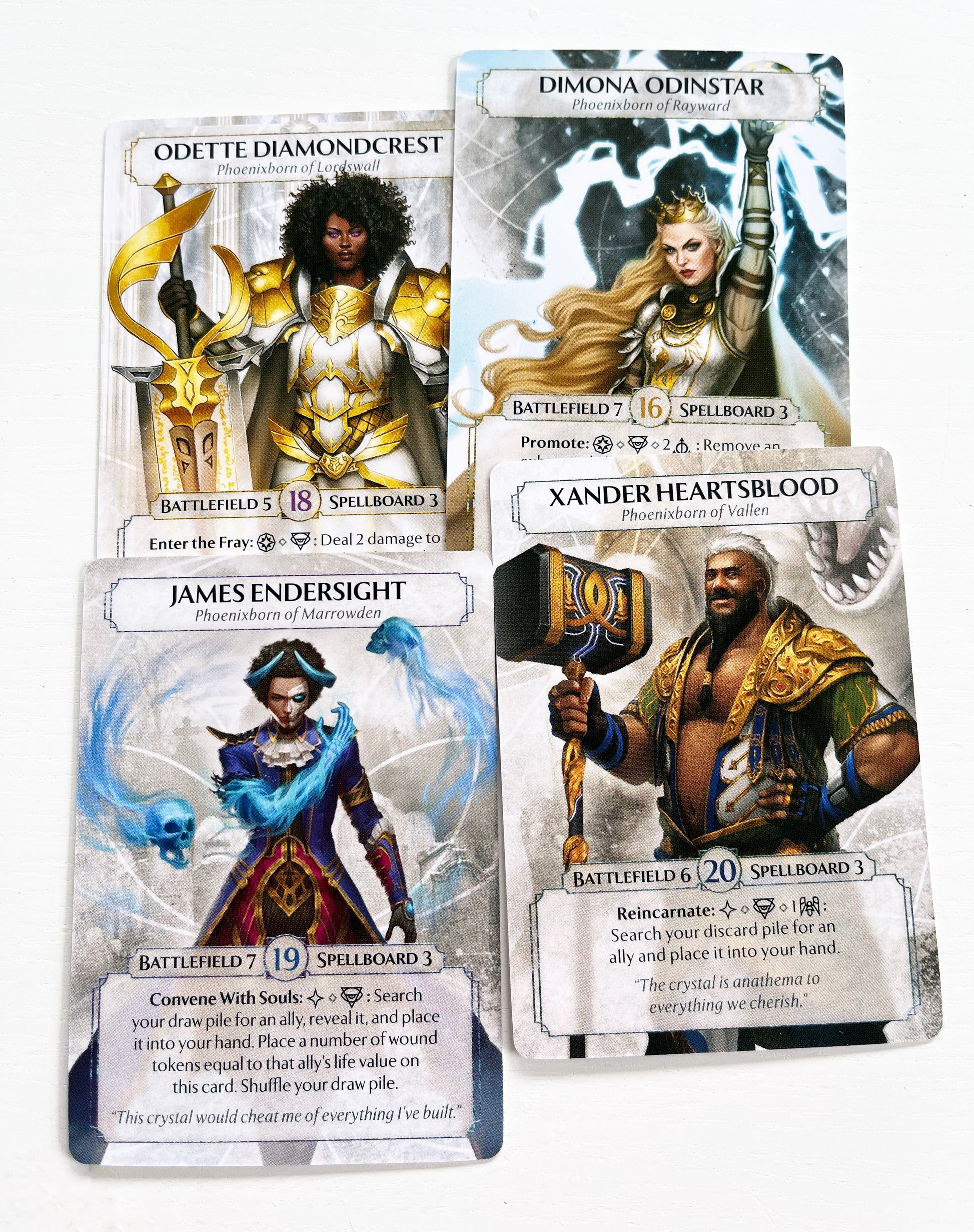 Ashes Reborn Red Rains The Siege of Lordswall cards showing Odette Diamondcrest Dimona Odinstar James Endersight and Xander Heartsblood with character art and abilities
