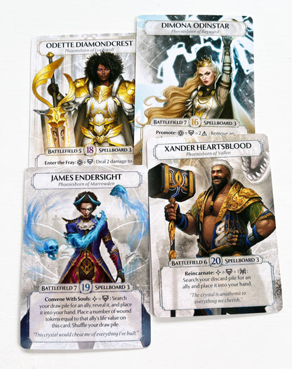 Ashes Reborn Red Rains The Siege of Lordswall cards showing Odette Diamondcrest Dimona Odinstar James Endersight and Xander Heartsblood with character art and abilities