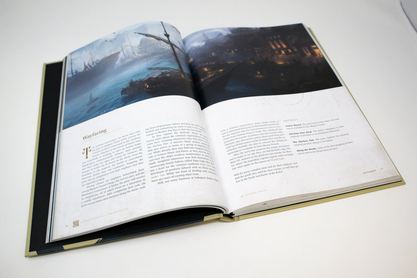 Open fantasy book: Left page depicts stormy sea with sailing ships; right page shows a dark port city at night, with accompanying text.