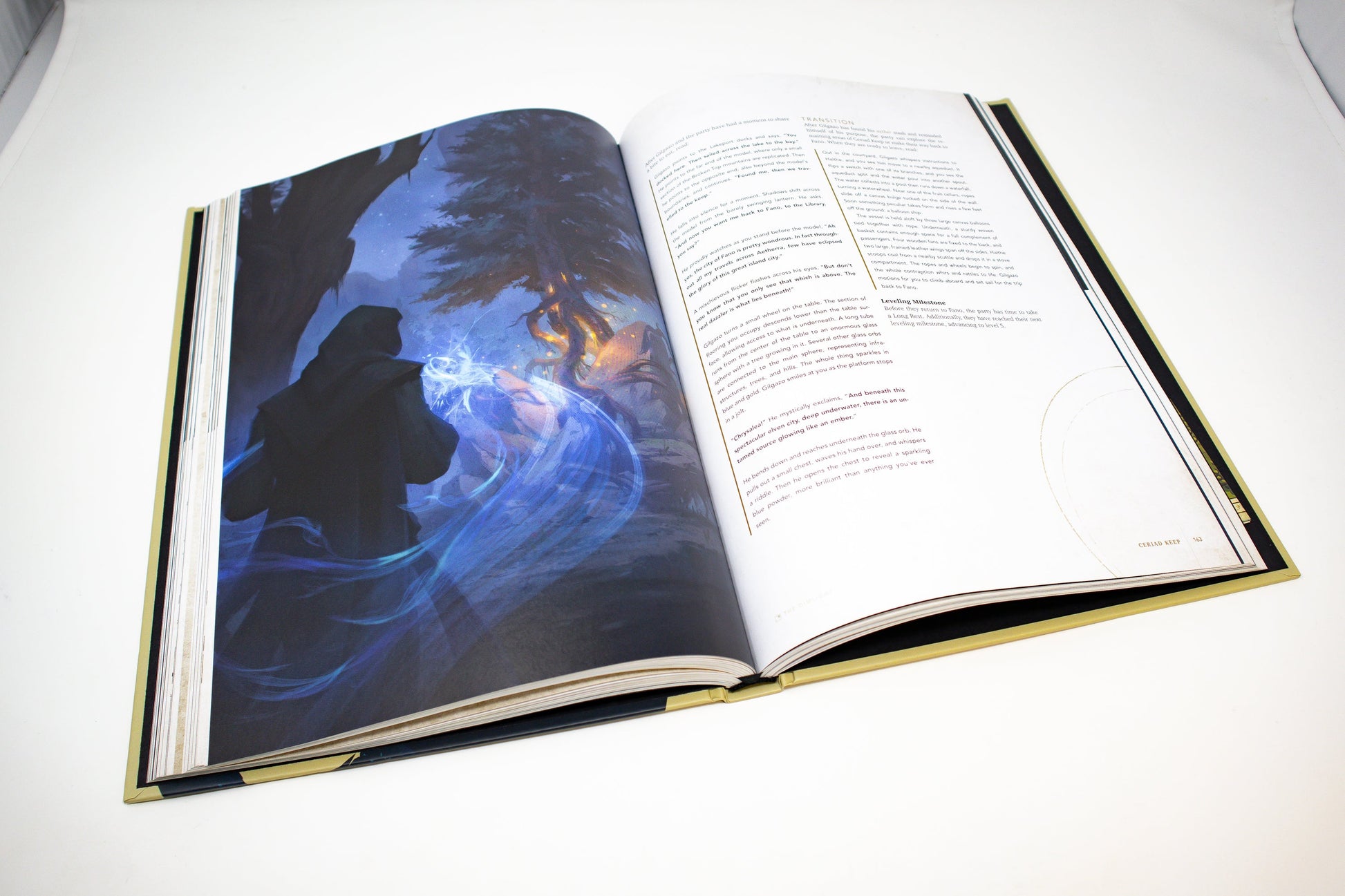 Open book showing a cloaked figure casting blue magic, forming an ethereal figure beside a glowing tree at night.