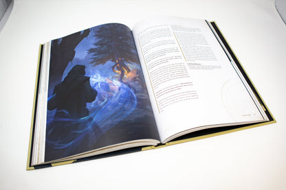 Open book showing a cloaked figure casting blue magic, forming an ethereal figure beside a glowing tree at night.