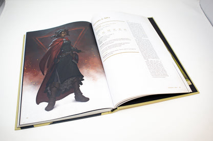 Open RPG book featuring a full-page illustration of Fawn Lee, a female mage in a red cloak, opposite her character stats.