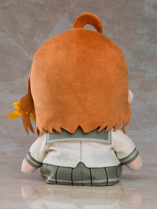 Love Live Sunshine Aqours Chibi Chika Takami plush with yellow hair ribbon and school uniform seen from the back