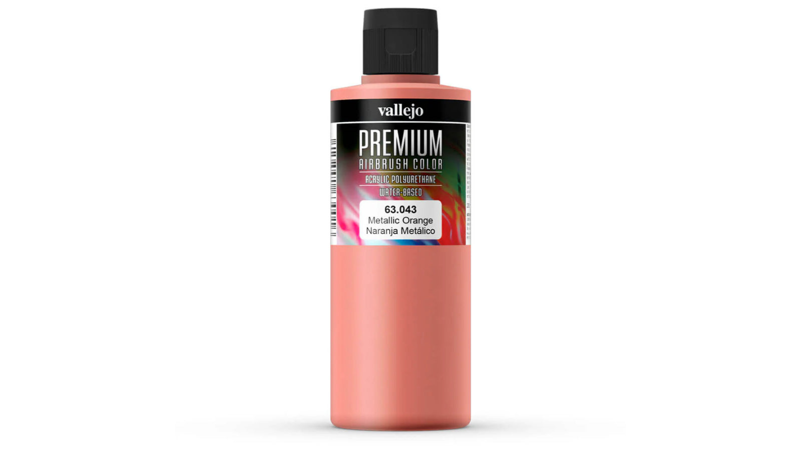 Vallejo Premium Airbrush colour, Metallic Orange bottle with a black cap