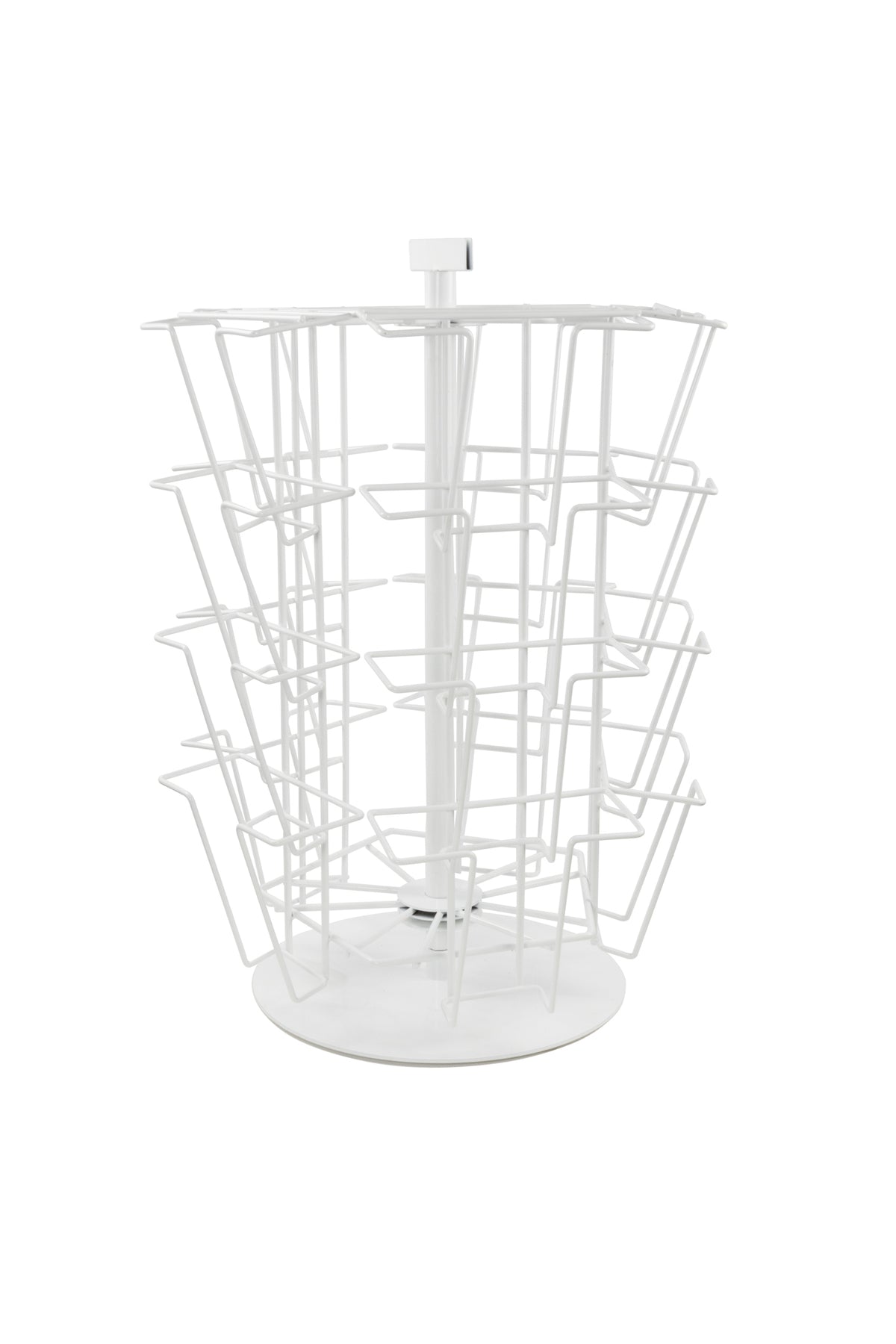White wire rotating display rack with multiple tiers for cards