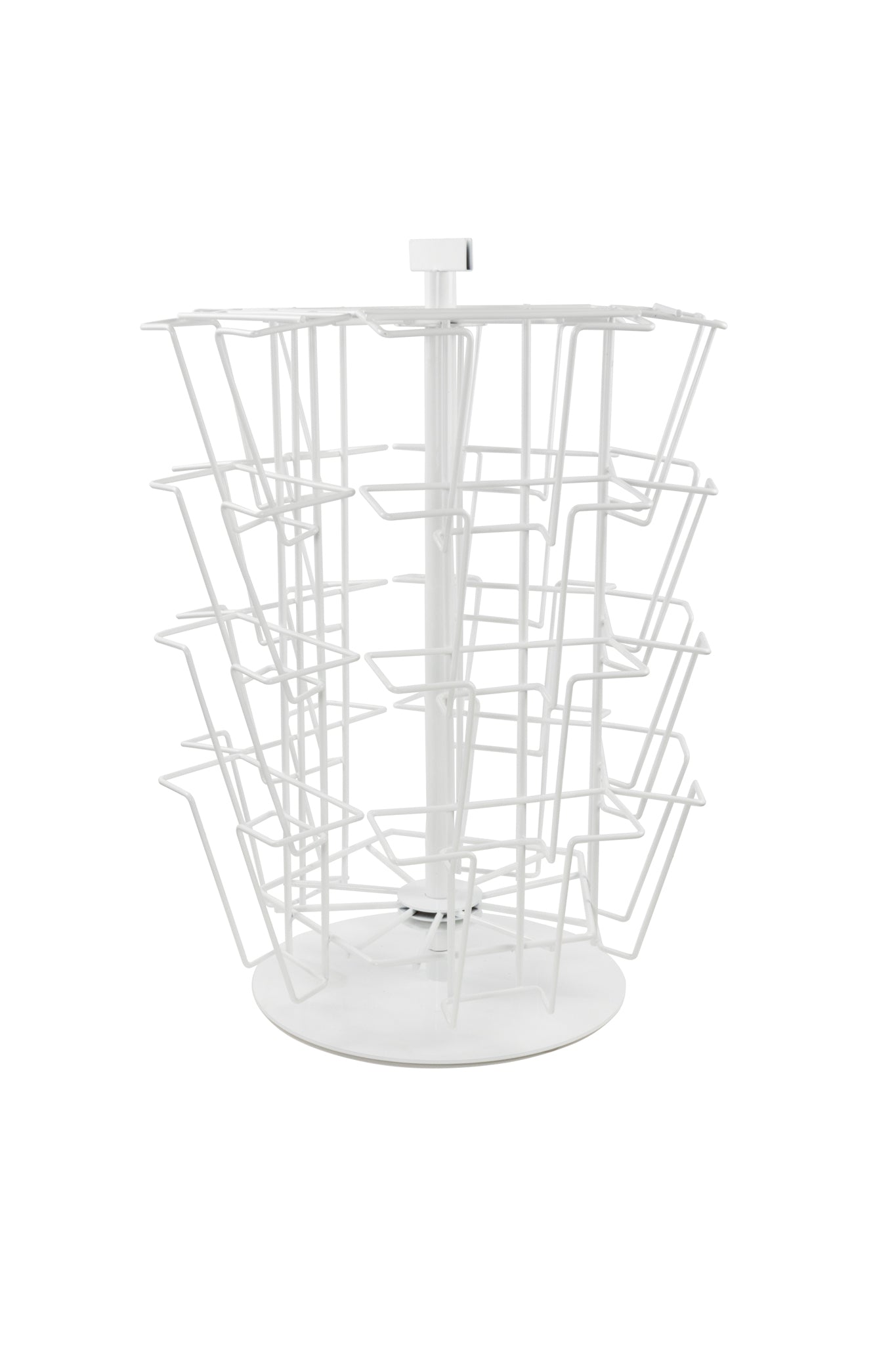 White wire rotating display rack with multiple tiers for cards
