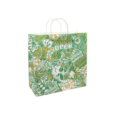 Green and gold gaming-themed gift bag with white handles