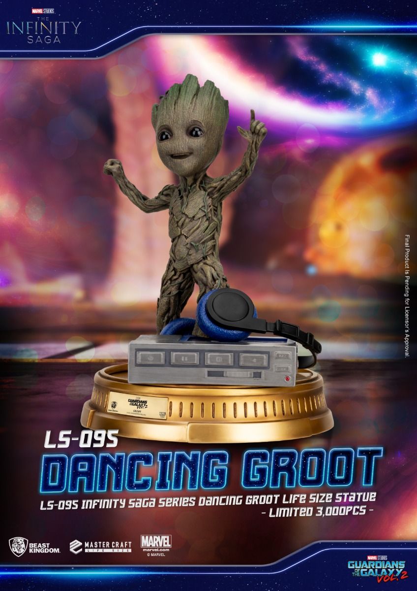 Front view of Groot dancing with expressive face and shimmering costume