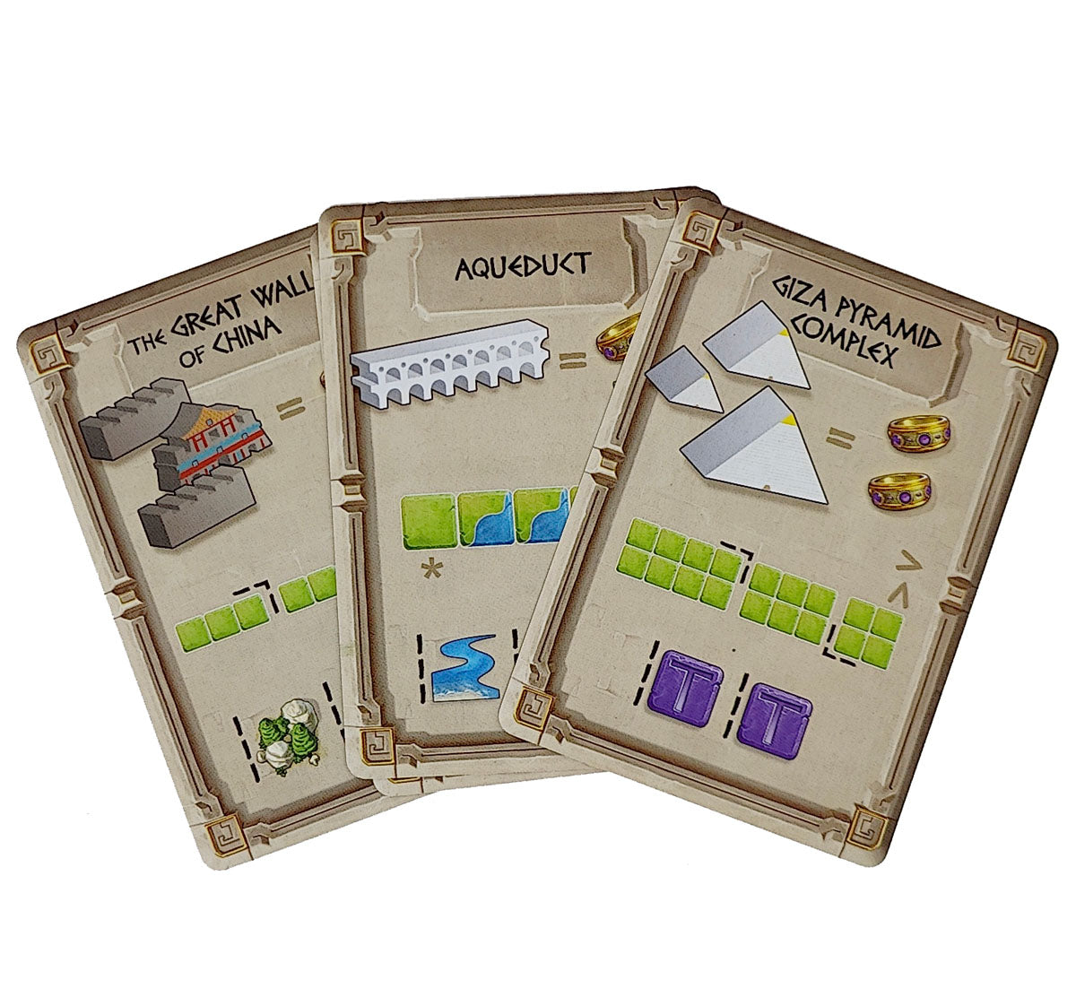 Three fan-out game cards: Great Wall, Aqueduct, and Giza Pyramids, showing wonder illustrations and resource icons.