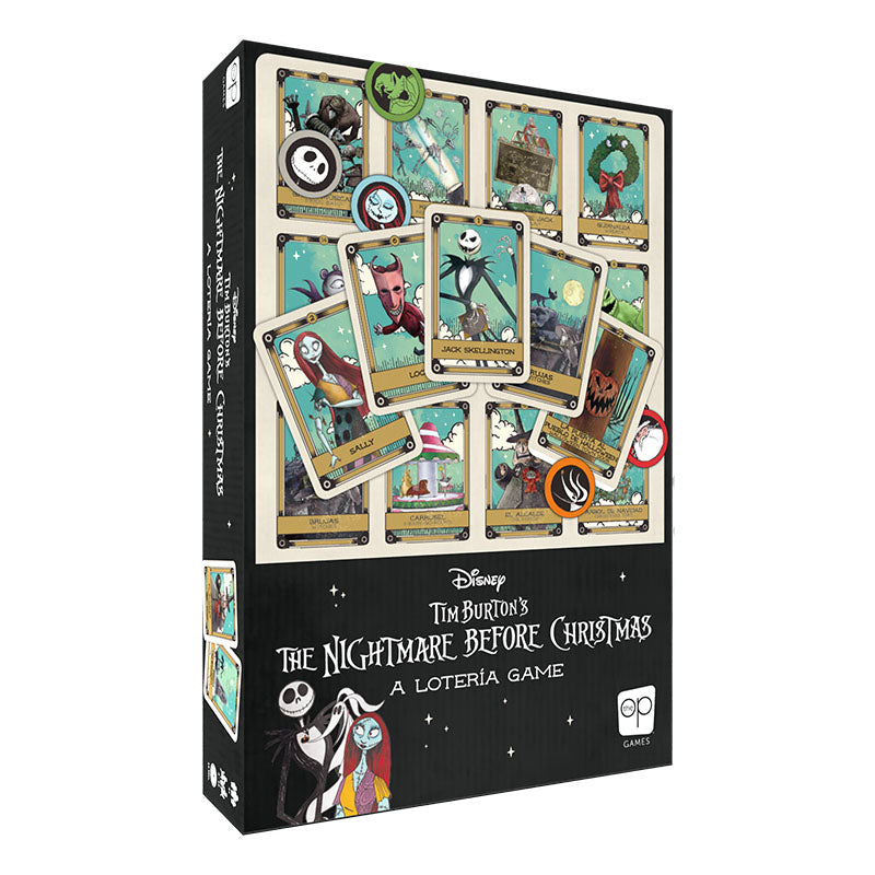 A board game box for Disney&#39;s The Nightmare Before Christmas Lotería Game, featuring character cards like Jack and Sally