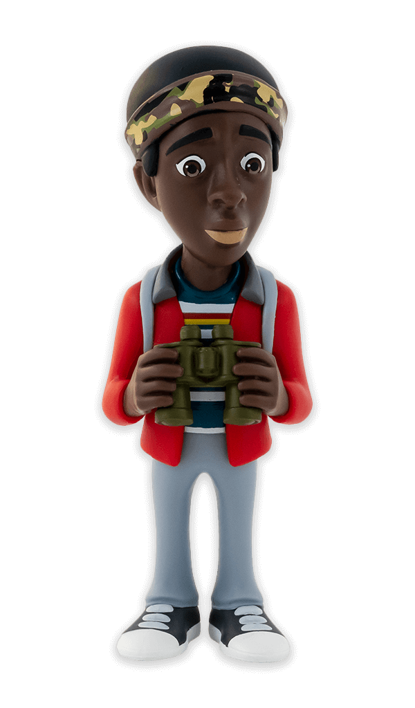 Minix Stranger Things Lucas collectible vinyl figure wearing a red jacket and camouflage bandana holding green binoculars