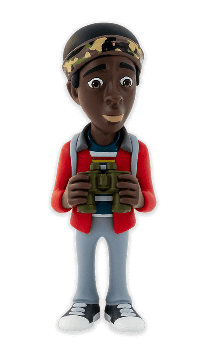 Minix Stranger Things Lucas collectible vinyl figure wearing a red jacket and camouflage bandana holding green binoculars