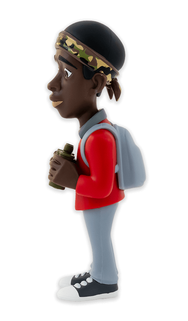 Side view of Minix Stranger Things Lucas Sinclair collectible vinyl figure in red jacket gray pants and camouflage bandana holding binoculars