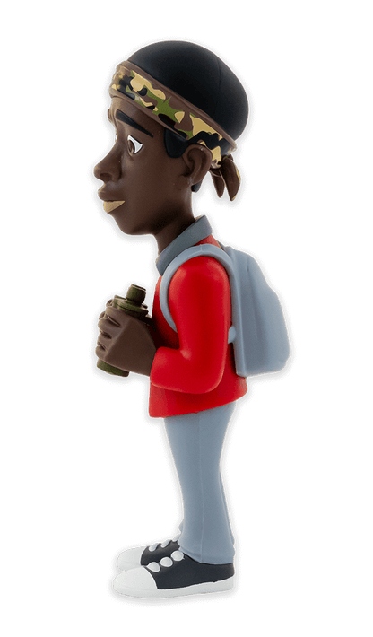 Side view of Minix Stranger Things Lucas Sinclair collectible vinyl figure in red jacket gray pants and camouflage bandana holding binoculars