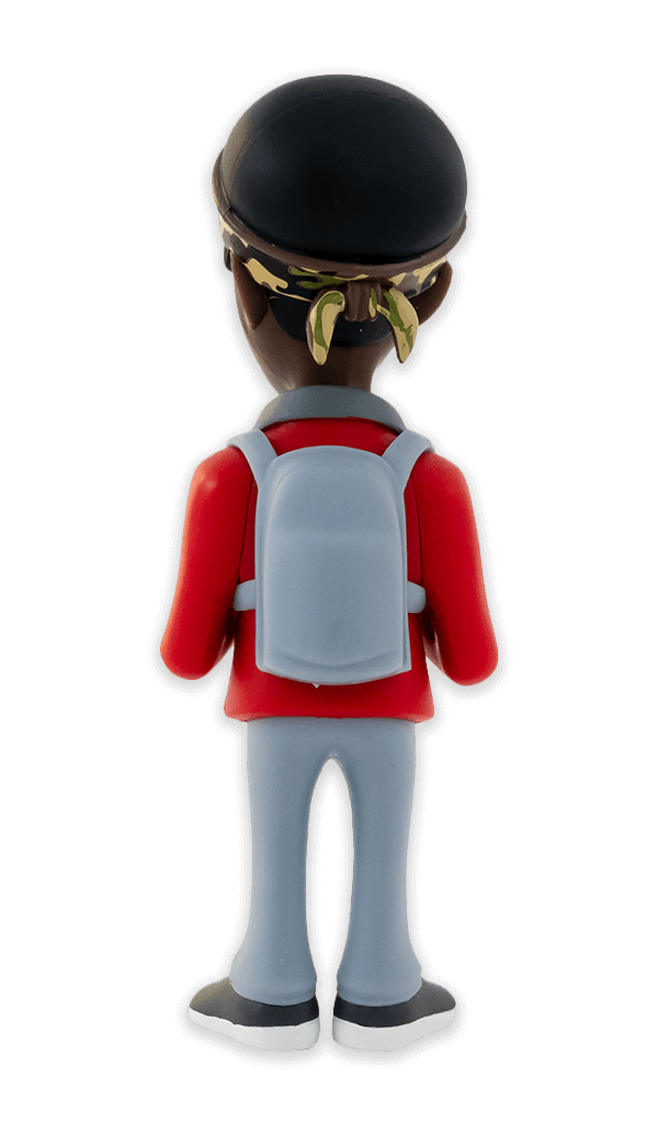 Back view of Minix Stranger Things Lucas Sinclair collectible vinyl figure in red jacket gray pants and camouflage bandana holding binoculars