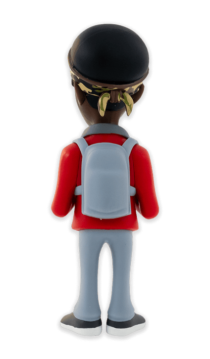 Back view of Minix Stranger Things Lucas Sinclair collectible vinyl figure in red jacket gray pants and camouflage bandana holding binoculars